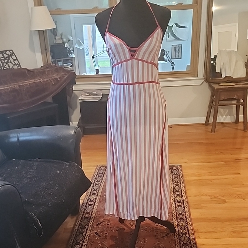 Stripe Sexy Halter Midi Dress So Soft Multi Strap - Red and White